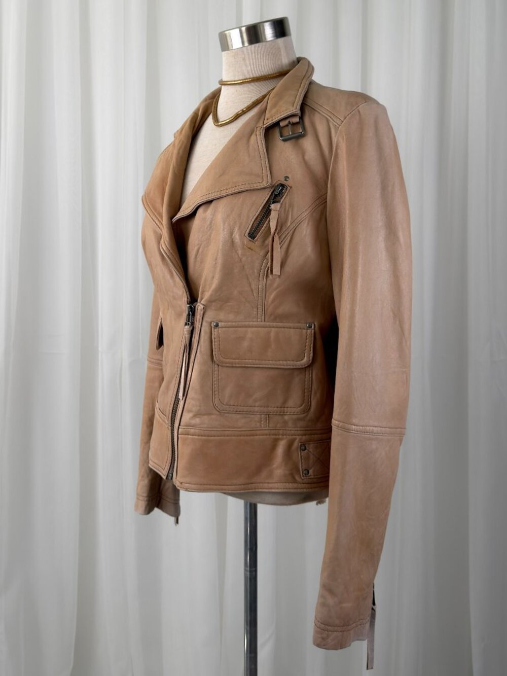 Tan Genuine Leather Biker Jacket Asymmetric Zip Moto Womens UK 8 US 4 MintVelvet - Picture 2 of 10